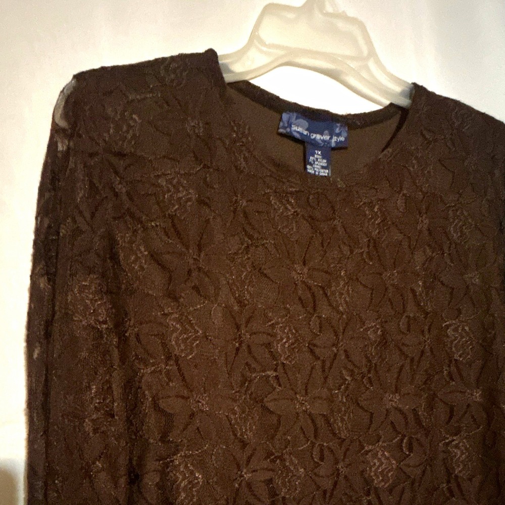 Susan Graver Style Brown Floral Lace Lined Round Neck Pullover Top Women's 1X